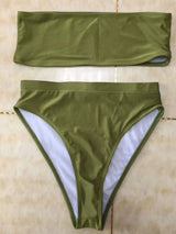 Sexy Two-Piece Breast Wrap Swimsuit Bikini Set Tube Top Set-Armygreen-4