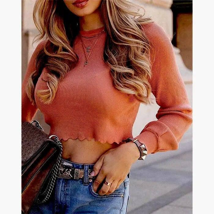 Sexy Women Plain Basic Stretch T- Shirts Crop Top Sweater-Pink-1