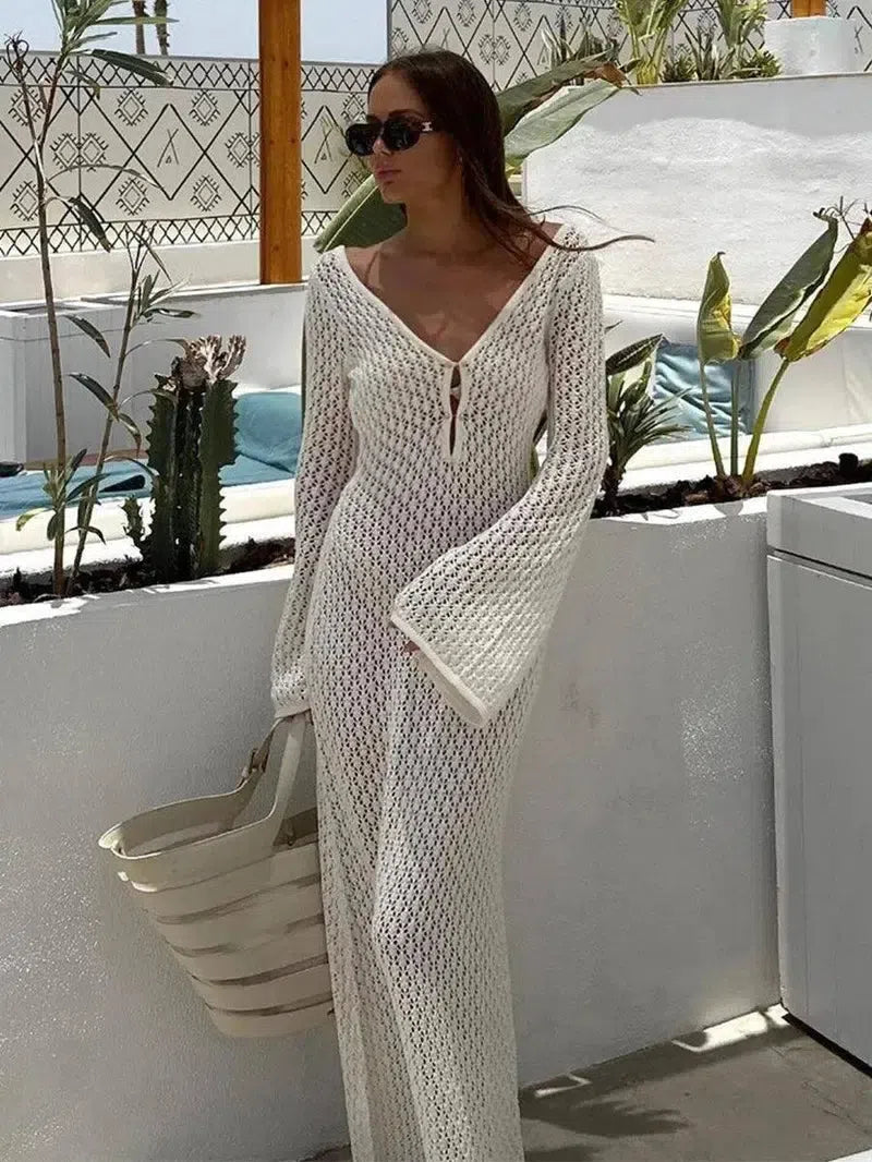 Sexy Women White Long Knit Sleeve Bikin Fashion Cover up-1