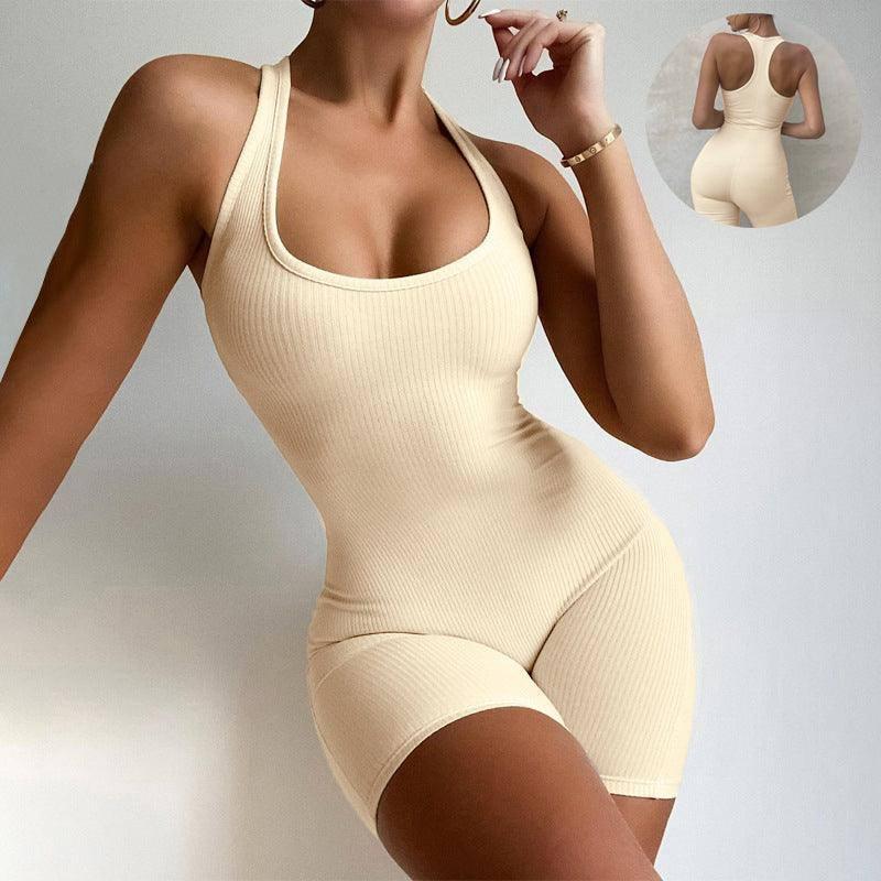 Sleeveless Backless Jumpsuit Colid Color Fitness Sports Yoga Leggings Shorts Bodysuits Women Slim Yoga One Piece Rompers-1