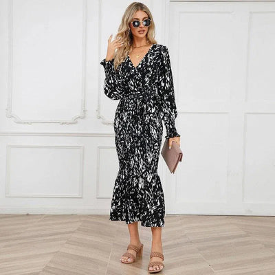 Slim-fit Temperament V-neck Belt Printed Dress Long Fish-2