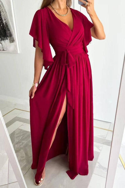 Solid Color Bell Sleeve Loose V-neck Mop Dress-Red-6