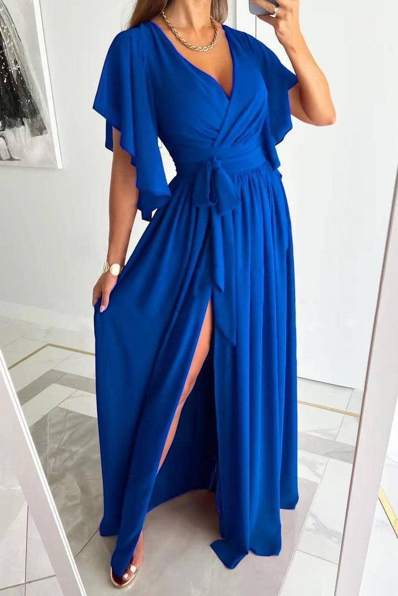 Solid Color Bell Sleeve Loose V-neck Mop Dress-Blue-8