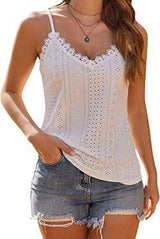 Solid Color Hollow Lace Strappy T-shirt-White-5