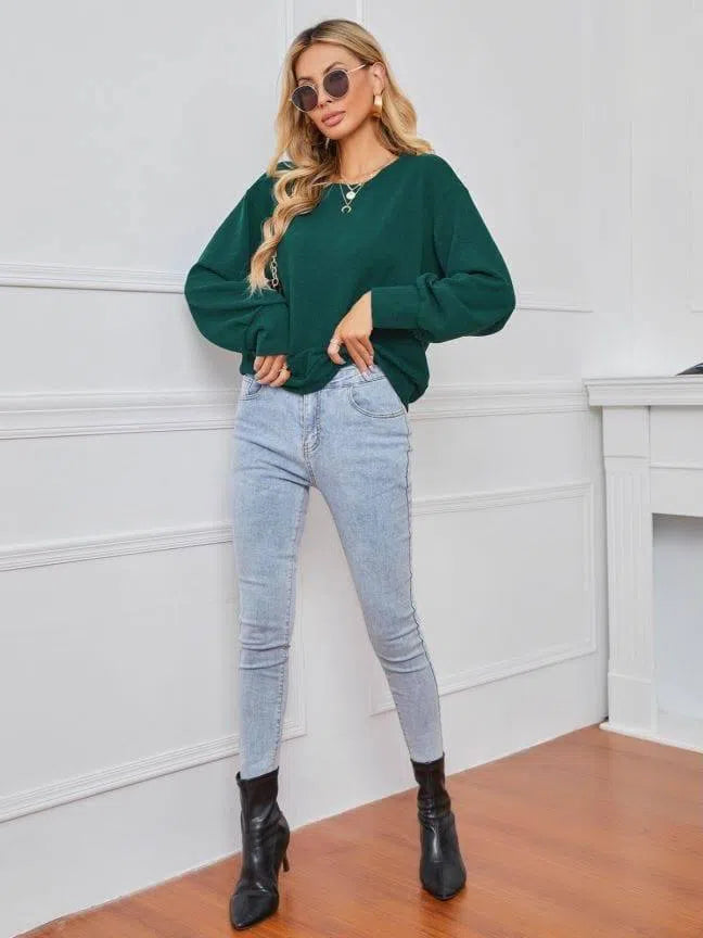 Solid Color Pullover Dark Green Women's Long Sleeve Loose-7