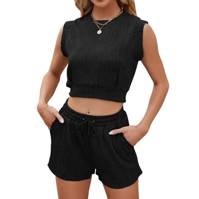 Solid Color Wave Pattern Design Suit For Women Casual Round Neck Sleeveless Top And Drawstring Design Shorts Fashion 2-piece Set Summer Clothing-Black-2