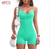 Spaghetti Strap Shorts Jumpsuit Sports Yoga Workout Tight-Light Green-29