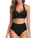 Split Bikini Print High Waist Nylon Swimsuit Swimwear-Solidblack-3