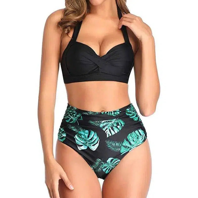 Split Bikini Print High Waist Nylon Swimsuit Swimwear-Blacktrousers-5