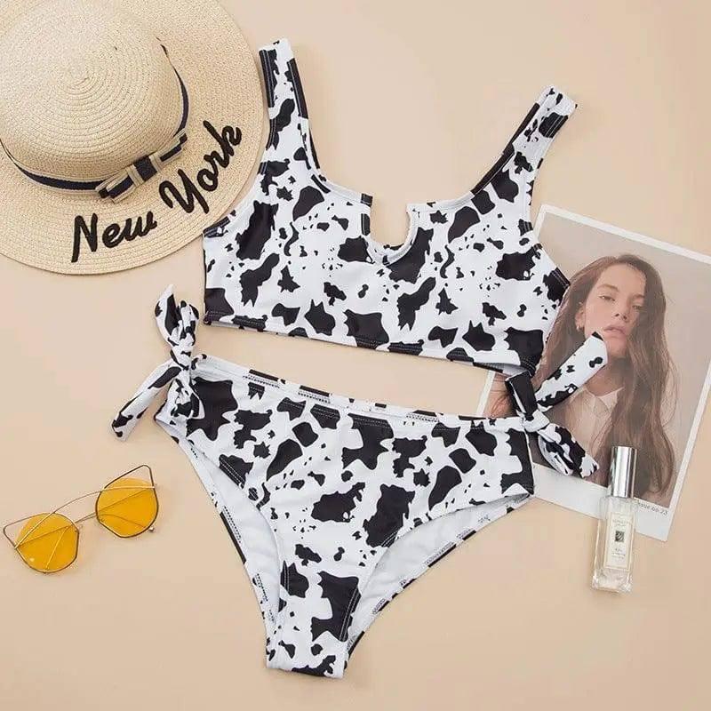 Split Cow Print Bow Bikini Swimsuit Women-Black-4