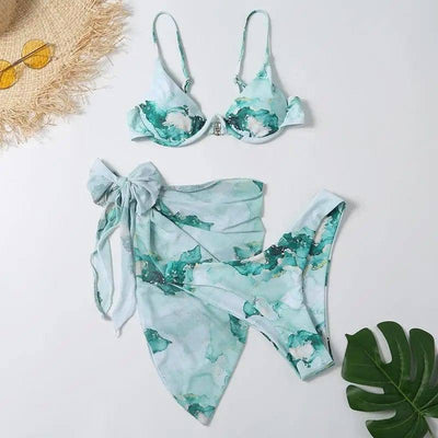 Split Printed Three-piece Swimsuit One-piece Bikini-Green-3