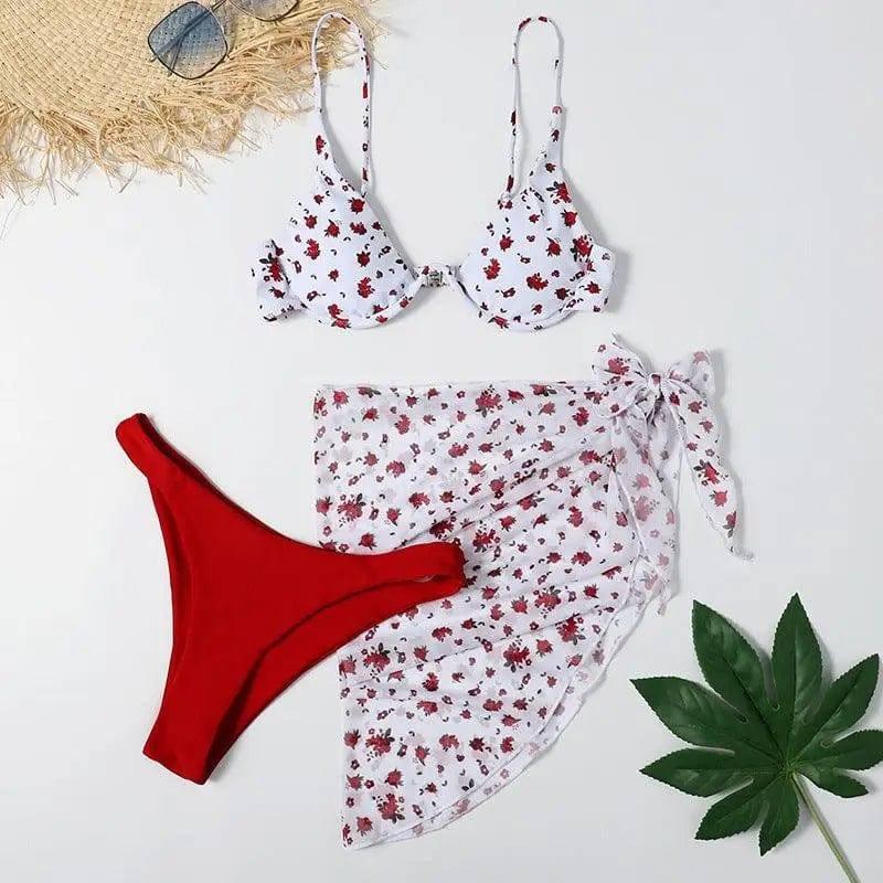 Split Printed Three-piece Swimsuit One-piece Bikini-Red-9