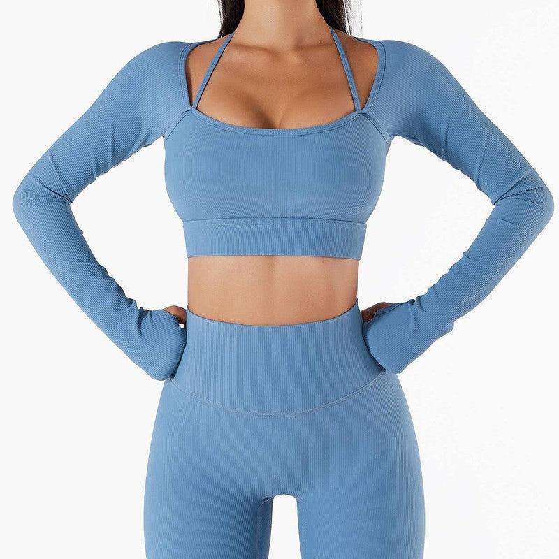 Sports Top Women's Quick-drying Workout Clothes With Chest Pad Slim Fit Skinny Long Sleeve Yoga Wear-Haze Blue-5