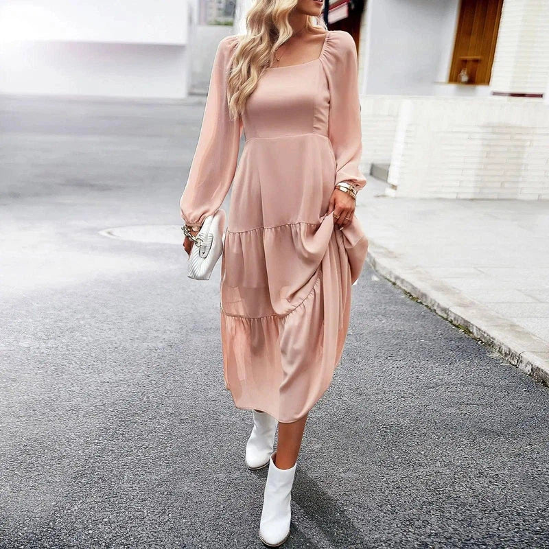 Square Collar Dress Female Temperament Elegant Dress-Pink-3