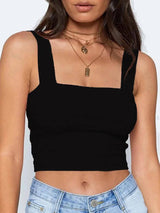 Square Neck Sleeveless Summer Crop Top White Women Black-6