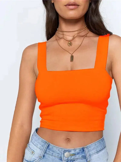 Square Neck Sleeveless Summer Crop Top White Women Black-Orange-9