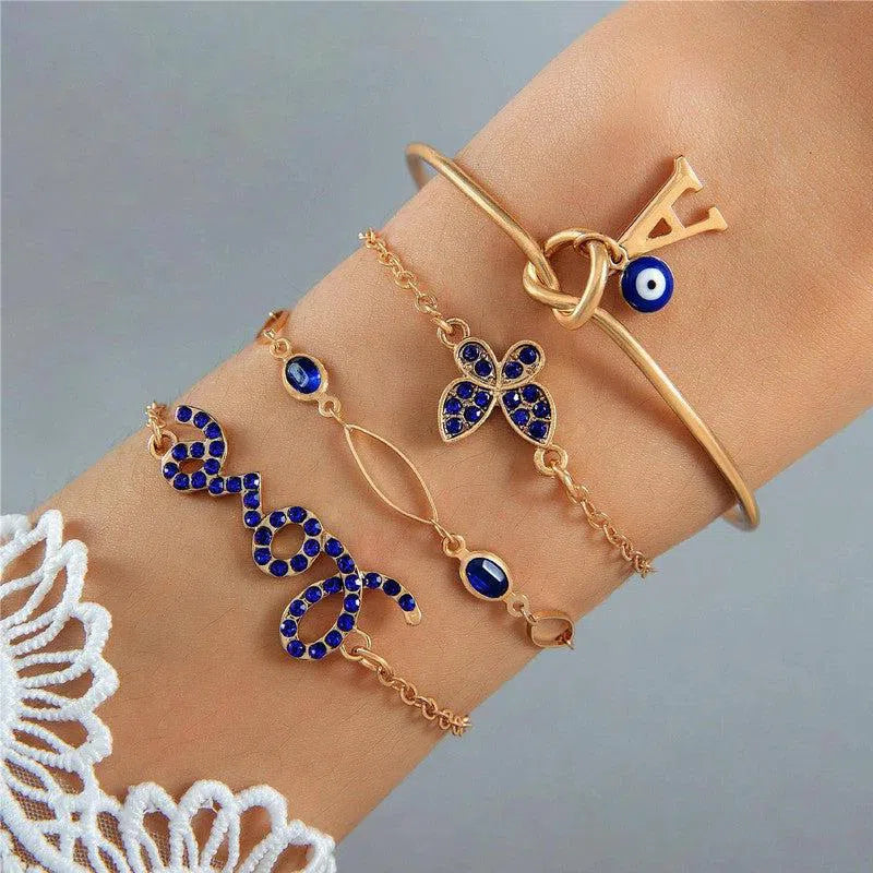 4pcs Blue Flower Love Butterfly Bracelet Set With Rhinestones Design Valentines Day-3