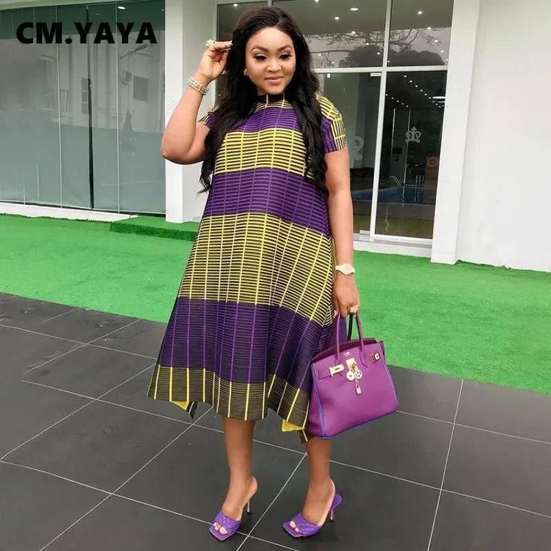 C.M YAYA Plus Size Loose Women Dresses Double Color Patchwork Mid-calf Length O-neck Short Sleeve Casual Straight Dress 2021-1