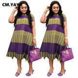 C.M YAYA Plus Size Loose Women Dresses Double Color Patchwork Mid-calf Length O-neck Short Sleeve Casual Straight Dress 2021-2