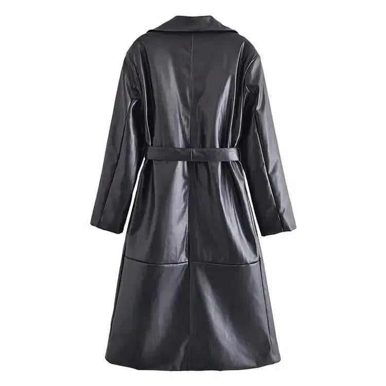 Stylish Belted Faux Leather Trench Coat-2