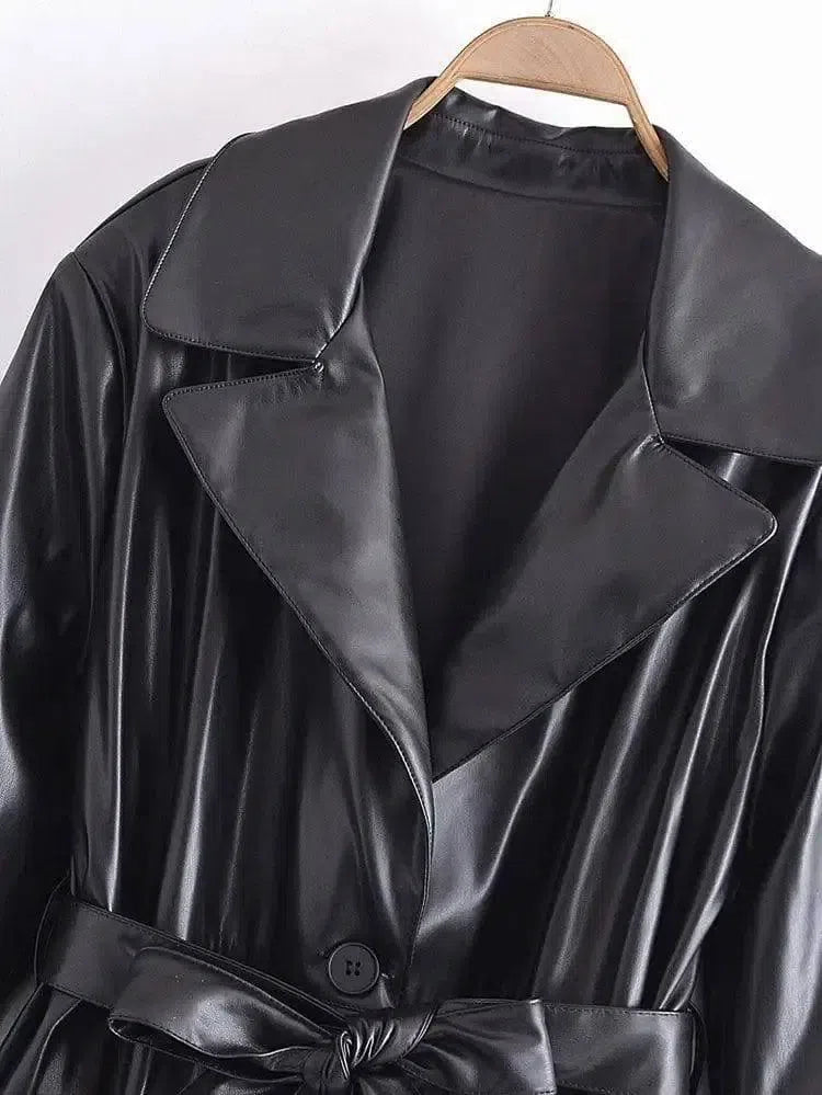 Stylish Belted Faux Leather Trench Coat-4