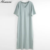 Oversized V Neck Plus Size Women Maxi Dress 4xl 5xl 6xl 7xl 8xl 9xl 10xl Summer Casual Loose Long Korean Harajuku Boho Dresses-Turquoise-6