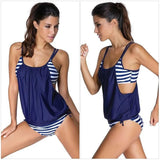 Summer Two-Pieces Swimsuit Women Stripes Double Up Tankini Swim Suit Bikinis Maillot De Bain Brazilian Biquinis Mujer-Navy Blue-1