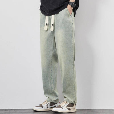 Summer Loose Wide Leg Jeans Pants Men Fashion Drawstring-Resistance To 040 Retro Blue-6