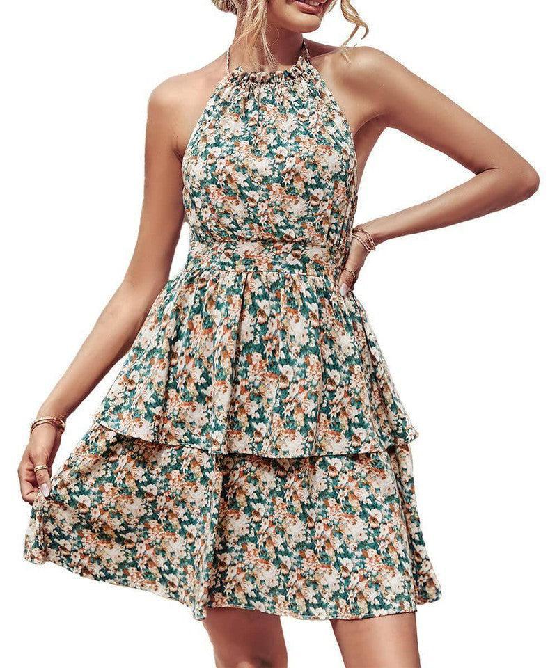 Summer Printed Halter Dress Fashion Boho Backless Ruffled-Green-9