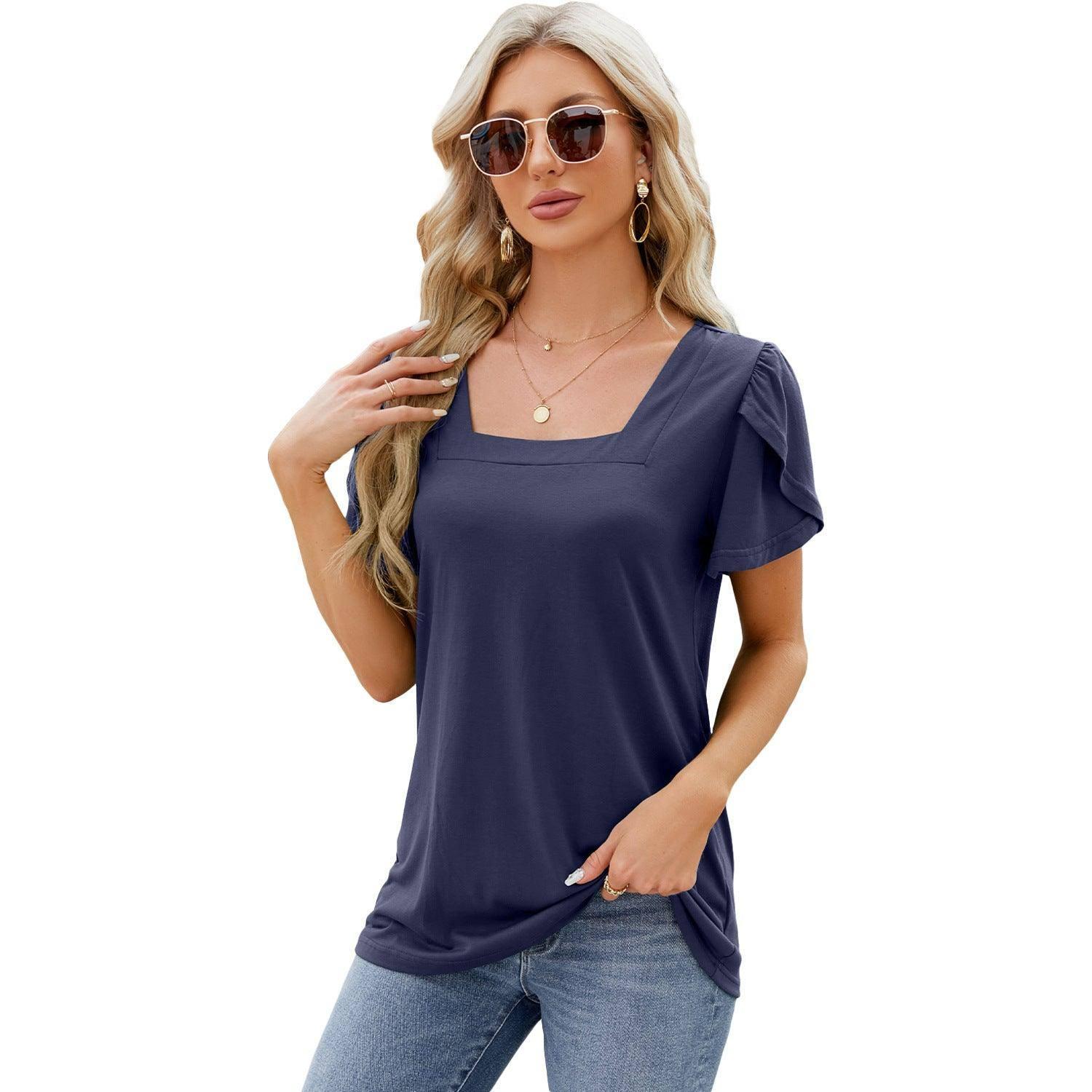 Summer Top Fashion Square Neck Printed Short-sleeved T-shirt-Navy Blue-12