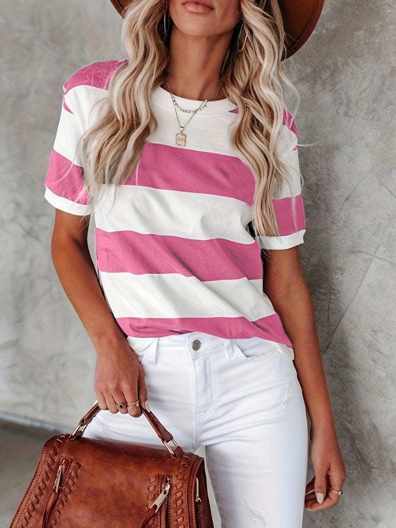 Summer Women's Fashion Striped Printed Short Sleeve Casual-Pink-9