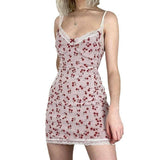 Sweet Girlish Cherry Print Lace Splicing Sling Dress-5