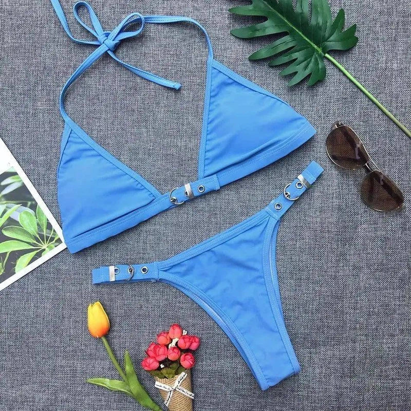 Swimwear Adjust Swimming Suit for Women Bikinis Solid-Blue-4