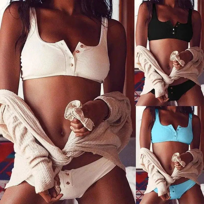 Swimwear Women buttons Bikini Set Solid Swimsuit Push-1