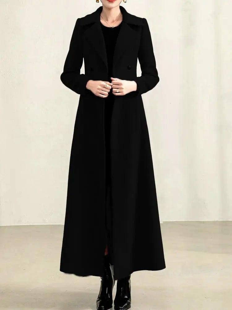 Temperament Double Breasted Solid Woolen Collar Woolen Coat-Black-4