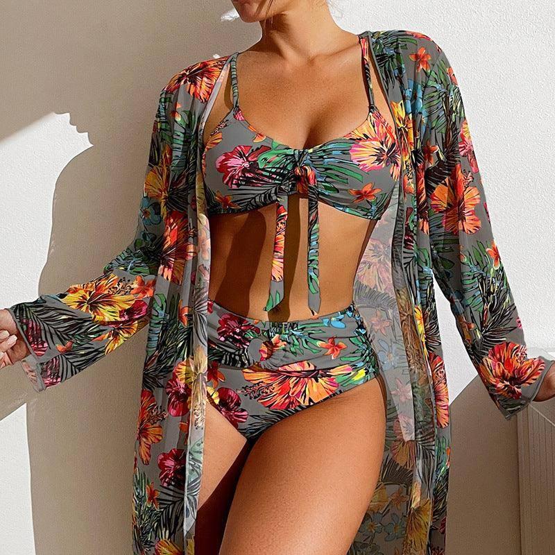 Tropical Print Swimwear Set with Kimono-Grey-4