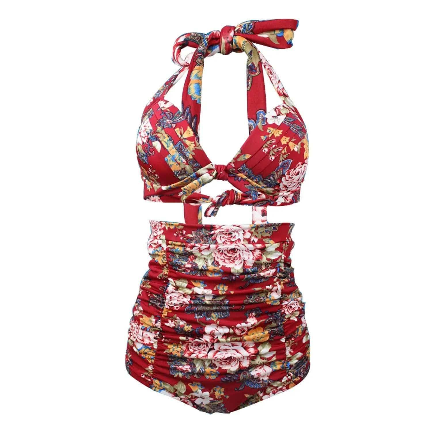 Two Piece Printed Bikini Swimsuit Retro-WineRed-1