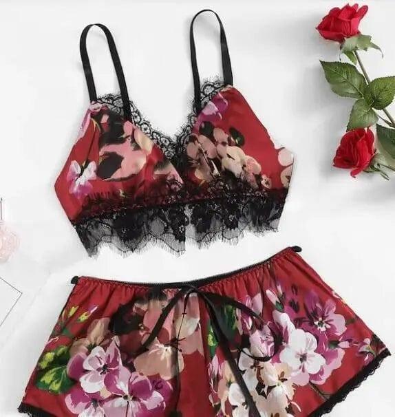 Two Piece Set Of Printed Lingerie Home Underwear-WineRed-3