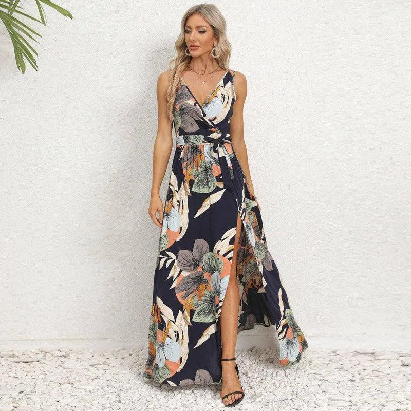 V-neck Floral Print Long Dress Summer Fashion Waist Tie Slit Design Sleeveless Dress For Womens Clothing-8