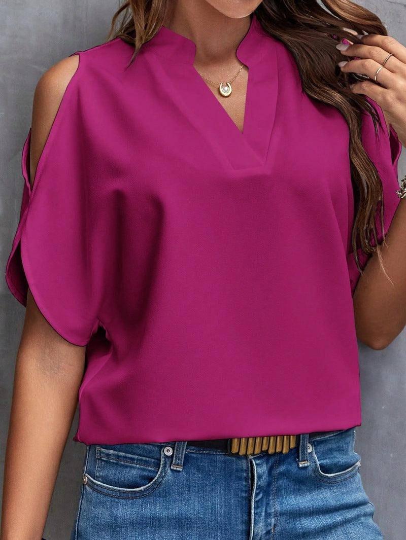 V-neck Graceful And Fashionable Off-the-shoulder Sleeves-Purplish Red-12