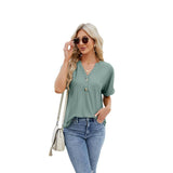 V-neck Rolled Hem Short-sleeved Top Summer Fashion Button-Dark Green-9