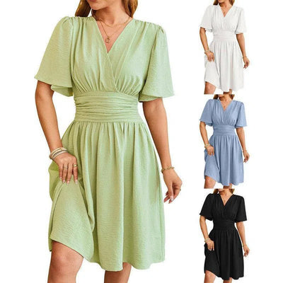 V-neck Short-sleeved Dress Fashion Bell-sleeved Dress Summer Womens Clothing-1