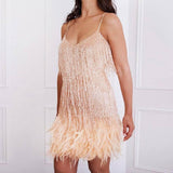 V-neck Strap Feather Stitching Dress-Beige-7