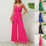 V-neck Suspender Pleated Jumpsuit Solid Color Loose Straight Pants Womens Clothing-1