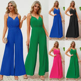 V-neck Suspender Pleated Jumpsuit Solid Color Loose Straight Pants Womens Clothing-2