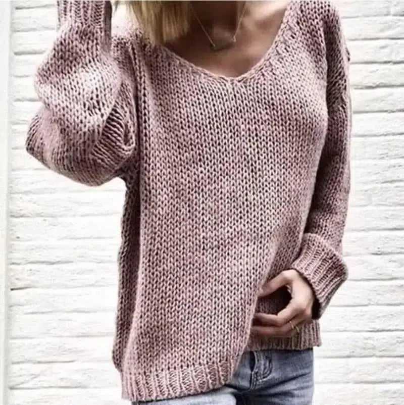 V-neck sweater loose sweater-Pink-3