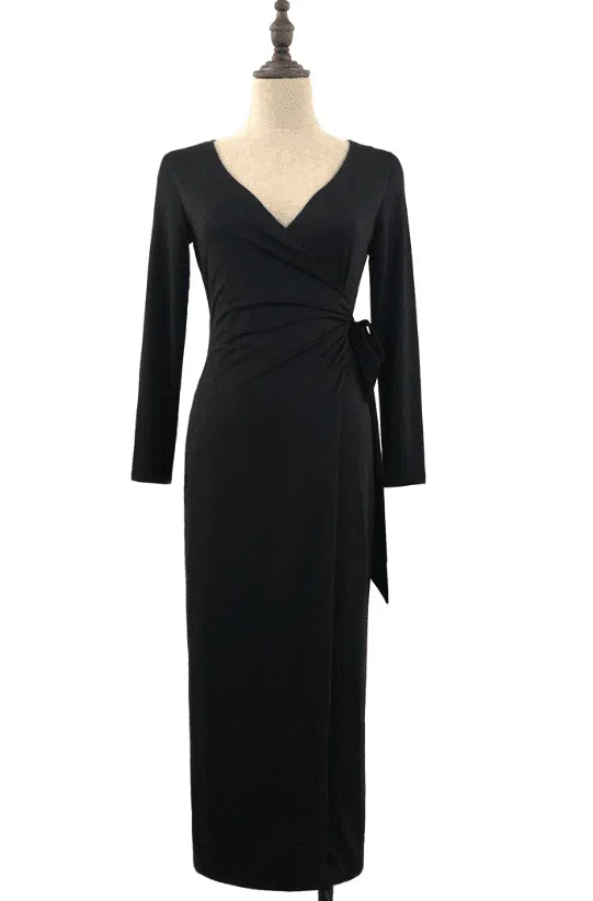 V-neck Tie Waist Slim Slimming Dress-Black-9