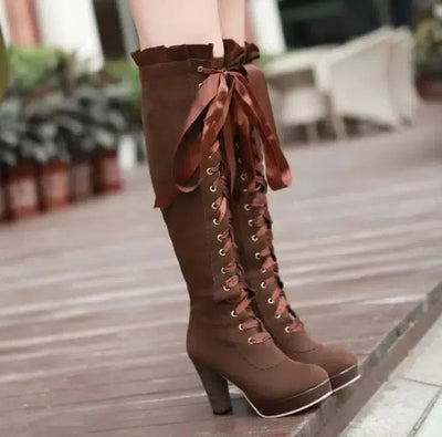 Velvet Strappy High Heels Tall Boots For Women-5