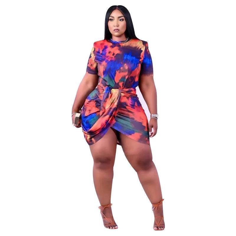 L-4XL women summer clothing 2022 plus size dress fashion tie dye short sleeve irregular mini dresses Wholesale Dropshipping-2