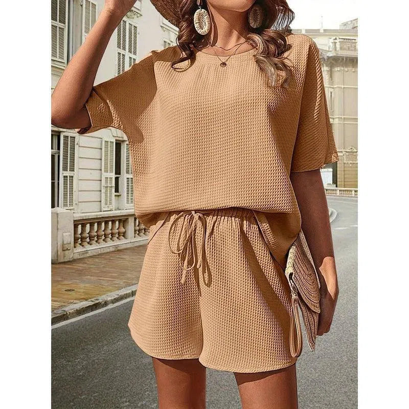 New Waffle Suit Women's Bat Sleeve Short-sleeved Crew-neck Top And Drawstring Design Shorts Fashion Two-piece Set Summer Clothing-Khaki-12